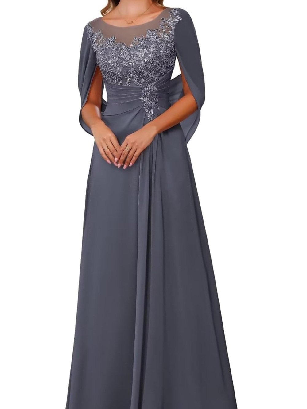 Embroidered Slate Long-Sleeve Formal Gown